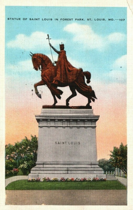 Vintage Postcard 1937 Statue of Saint Louis Forest Park St. Louis MO Missouri