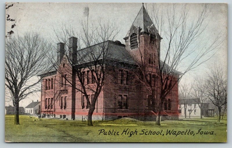 Wapello Iowa~Public High School~Homes Back Behind~Fire Escape~1913 Postcard 