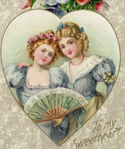 John Winsch Valentine Postcard 2 Lovely Girls in a Heart Holding Fan Embossed