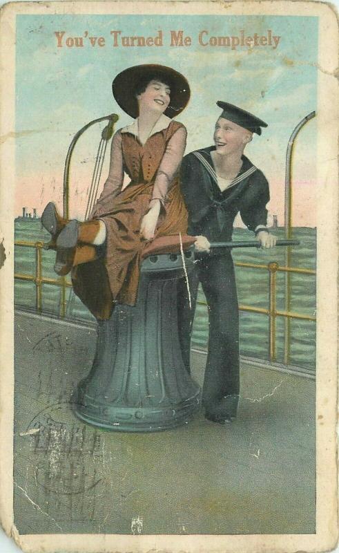 13 STAR FLAG CANCEL MARK US Sailor WWI pm 1918 Deck of Ship With Girl Postcard