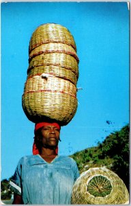 VINTAGE POSTCARD HAITIAN WOMAN CARRYING WEAVED BASKETS FOR SALE PETON-VILLE ROAD