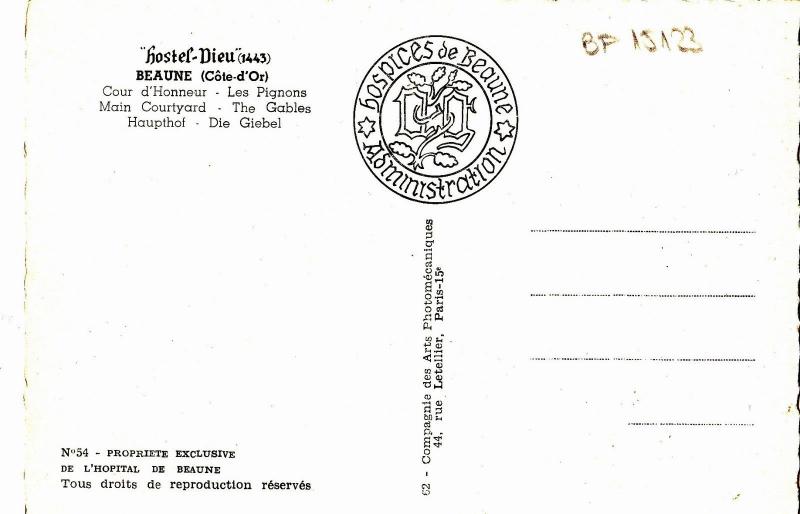 BF15123 beaune cote d or cour d honneur hostel dieu france front/back image
