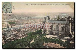 Postcard Old Lyon Fourviere sanctuary and the city view from the metal furnace