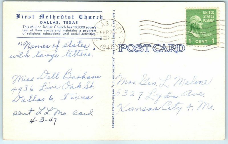 Postcard - First Methodist Church - Dallas, Texas