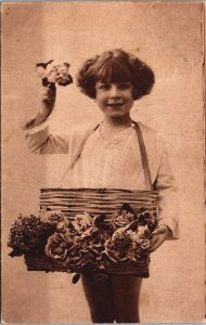 Victorian Girl Flower Basket Vintage Postcard C153