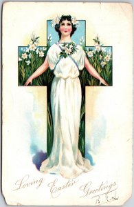 Loving Easter Greetings, 1907 Woman Standing In Cross Of White Lily, Postcard