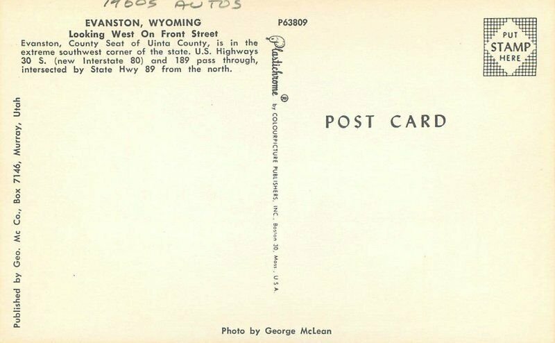 Evanston Wyoming autos West Front Street Colorpicture Mc Co Postcard 21-12495