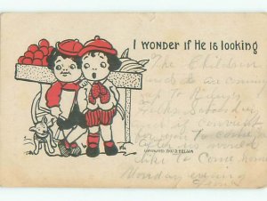 Pre-Linen comic DOG ON LEASH BESIDE BOYS AT FRUIT STAND J3499