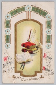 New Year~Books~Quill~Blue Flowers~Book Of Memory~Vintage Postcard 