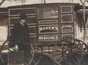 Latimer IOWA RPPC 1909 DELIVERY WAGON Salesman BAKER'S MEDICINES Remedies IA