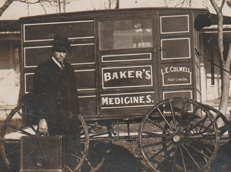 Latimer IOWA RPPC 1909 DELIVERY WAGON Salesman BAKER'S MEDICINES Remedies IA