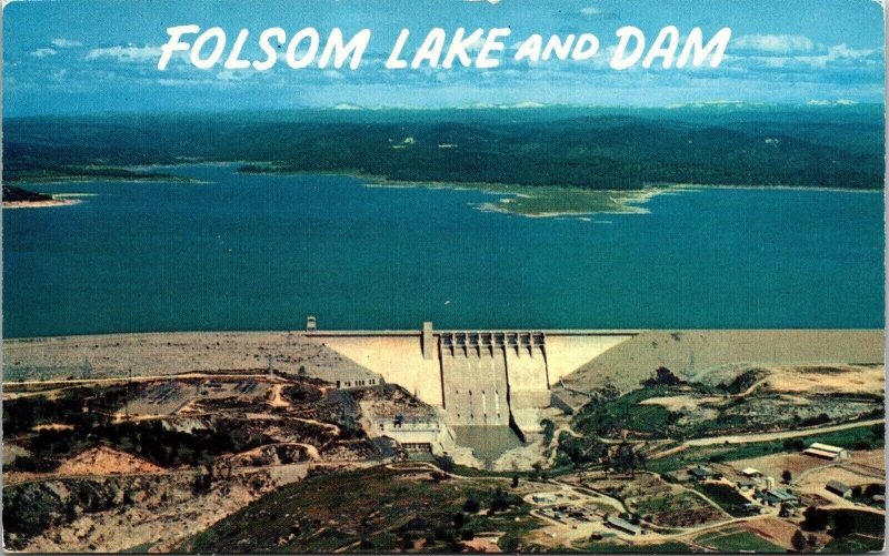 California Folsom Lake & Dam Scenic Aerial View Landmark Chrome Postcard 