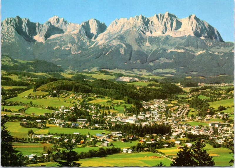 Postcard Austria Tirol - Kitzbuhel aerial with Wildem Kaiser mountains