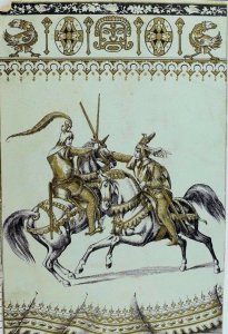 1882 Engraved Victorian Trade Card Image Of Knights On Horses Battle Swords &L