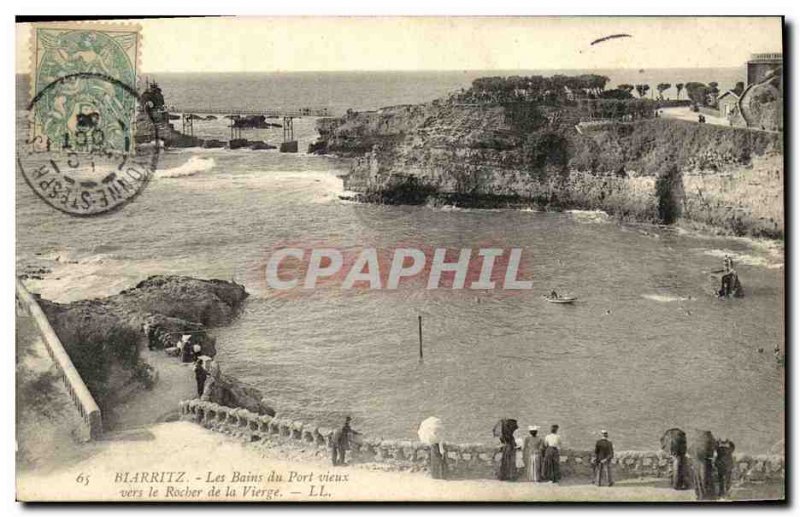 Old Postcard Biarritz Les Bains Du Vieux Port to the Rock of the Virgin