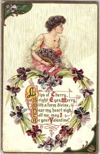C.1910 Lovely Lady w/ Fan Heart of Flowers Valentine Victorian Postcard P9