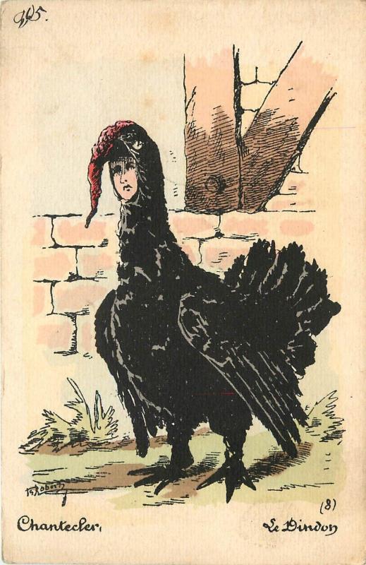 c1907 Art Postcard 181 Black Rooster w Human Face, Chantecler Le Dindon, Roberts