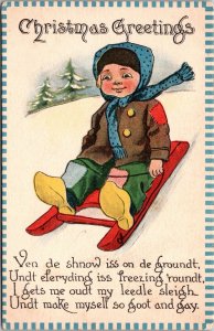 Vintage Postcard Christmas Greeting Sled Dutch Boy JL13