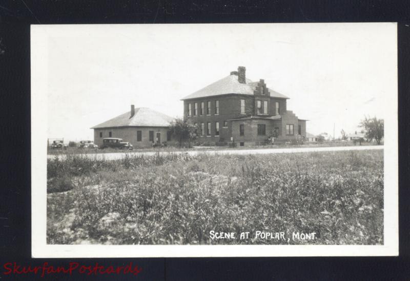 RPPC POPLAR MONTANA SCHOOL BUILDING OLD CARS REAL PHOTO POSTCARD VINTAGE