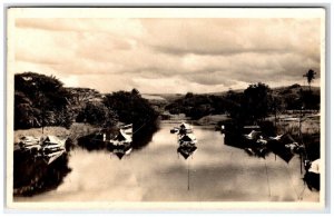 Fishing Boats On River RPPC Lines Dropped in Water c1920 Postcard B27