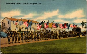 Vtg 1940s Presenting Colors Camp Livingston Louisiana LA WWII Era Postcard