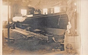 WOOD MOTOR BOAT BEING BUILT~1910s REAL PHOTO POSTCARD