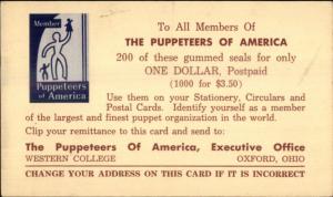 Puppet Puppeteers of America Western College Oxford OH c1940s Postal Card