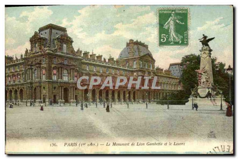 Old Postcard Paris I arr the Monument to Leon Gambetta and Louvre