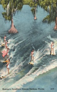 Vintage Postcard Neptune's Daughters Water Skiing Sport Cypress Gardens Florida