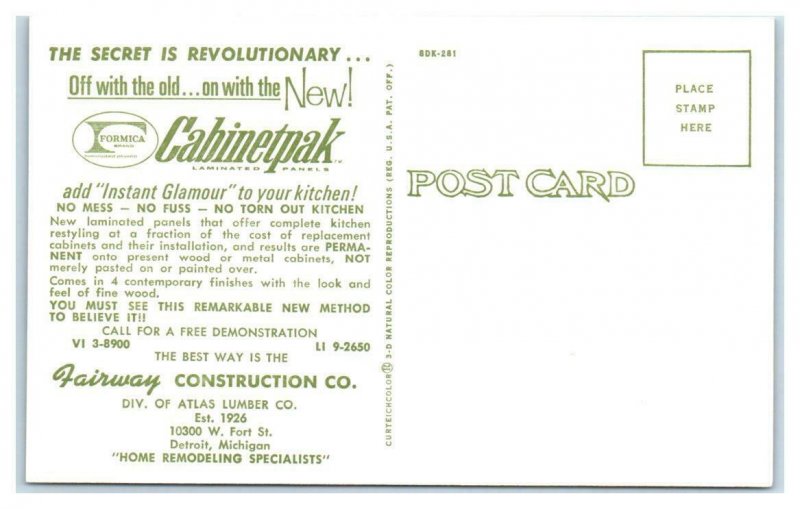 DETROIT, MI ~ Fairway Construction CABINETPAK Formica Mid Century 1960s Postcard