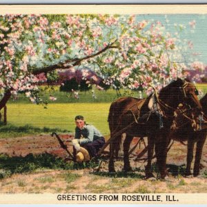 c1930s Roseville, ILL Greetings from Farmer Till Soil Horses Implement PC A243