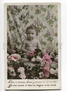 251222 NUDE Kid GIRL in Flowers HAPPY BIRTHDAY Vintage PHOTO