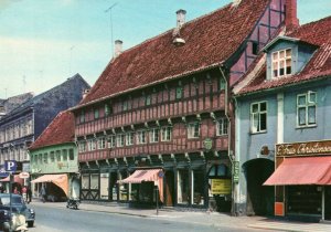 CONTINENTAL SIZE POSTCARD 1960s STREET SCENE AT RANDERS (NIELS EBBESEN'S HOUSE)