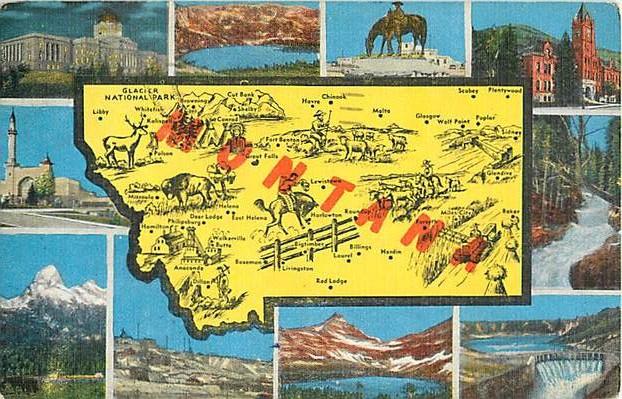 Linen Map Card of Montana MT 1948