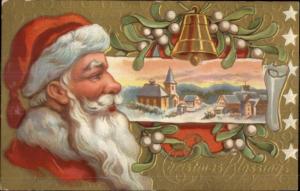 Christmas - Santa Claus & Village - Nice Gold Border c1910 Postcard