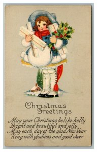 Vintage 1920's Christmas Postcard Cute Girl Gifts Mistletoe Holly Berries Poem