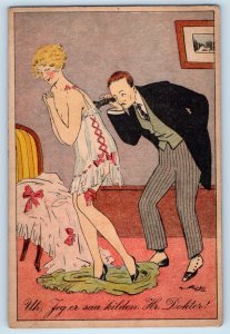 c1910's Risque Danish Comic Woman Pin Up Checking Doctor Antique Postcard
