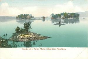 Fourth Lake Fulton Chain Adirondack Mountains, Houses, Man in Canoe UDB Postcard