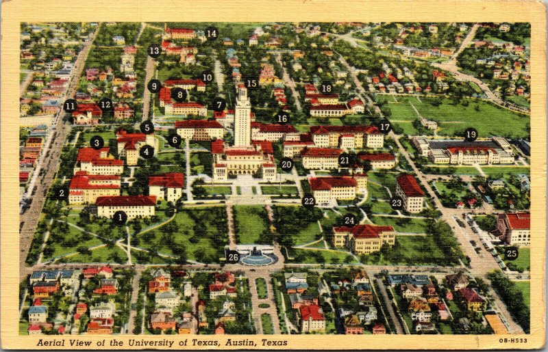 Vtg 1940s University of Texas Aerial View Austin Texas TX Linen Postcard