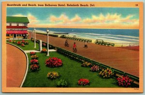 Beach And Boardwalk From Belhaven Hotel Rehoboth Beach  DE Linen Postcard I5