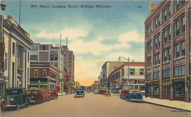 1940s 28th Street looking South Autos BILLINGS MONTANA Linen postcard 1667