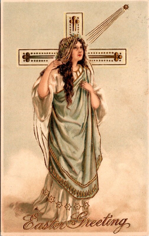 Easter Gold Postcard Religious Woman Angel Cross