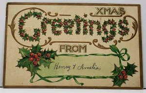 Xmas Greetings Holly Letters Gilded 1910  Fremont to Helena Ohio Emb Postcard G6