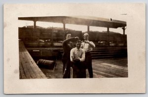 RPPC Men And Haircut Along The Railroad Real Photo Postcard T30