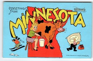 Greetings From Minnesota Women Milks Cow Flour Bag Ski Postcard Map Linen Kropp