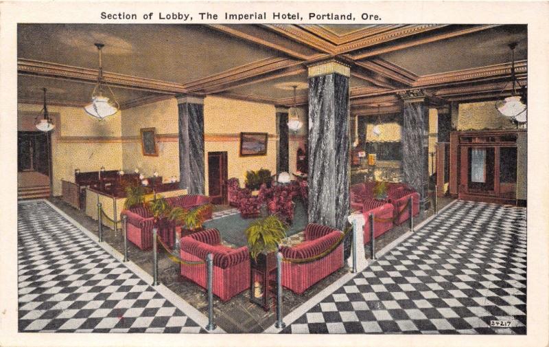 PORTLAND OREGON IMPERIAL HOTEL~SECTION OF LOBBY~ADVERTISING POSTCARD 1929