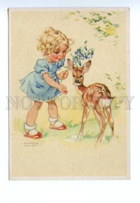 141916 Girl w/ DEER Lamb by HAUSEN vintage Colorful PC