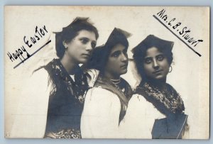 c1910's Easter Three Women Mrs. C B Stewart RPPC Photo Antique Postcard
