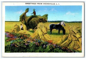 Greetings From Hicksville Long Island New York NY, Horse Wagon Field Postcard 