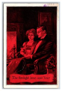 Romance The Firelight Hour By Fireplace Red Tinted DB Postcard V1